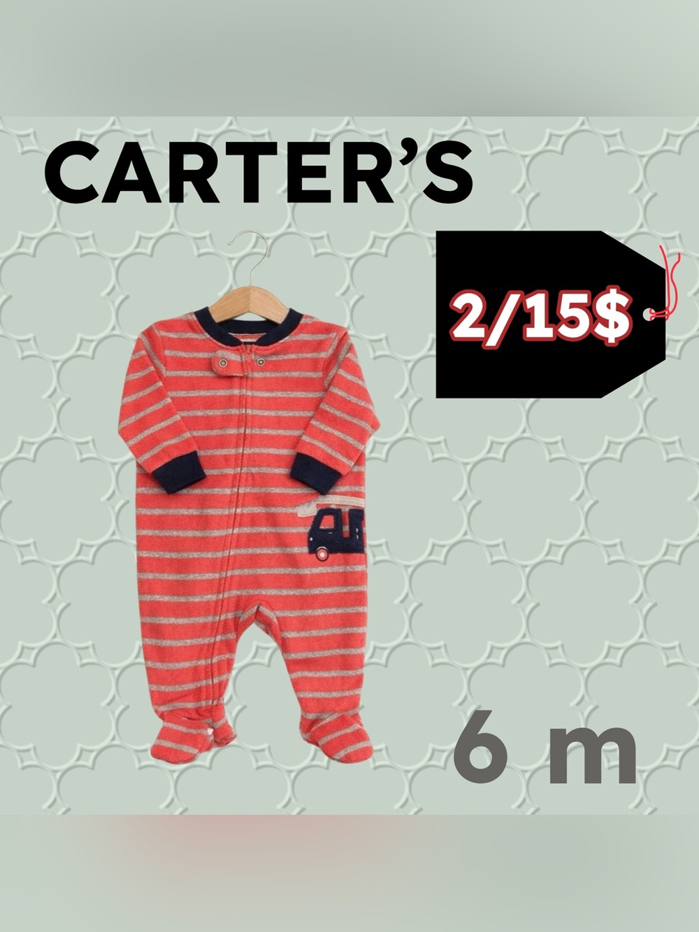 ❄️2/15$🇺🇸👍GUC CARTER’s | 6 m | Unisex Stripes Fire truck print Warm Baby Pyjamas